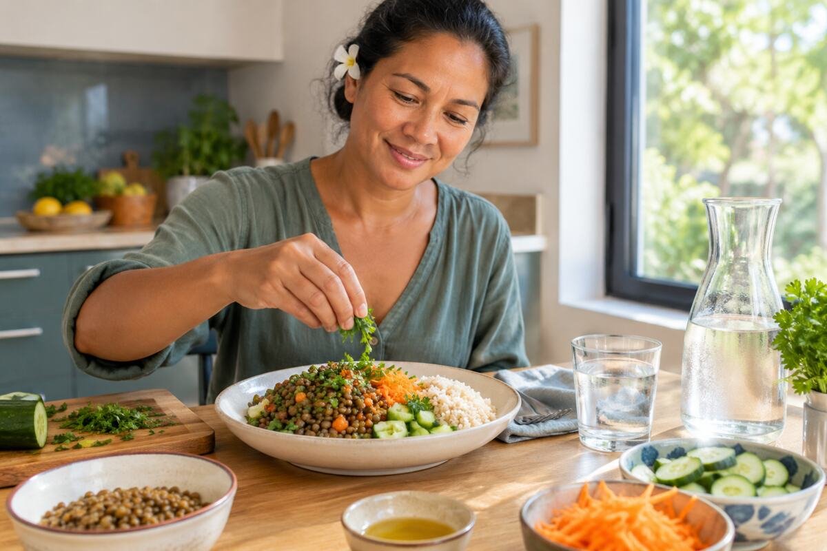 Femme près d’une assiette de lentilles, de légumes et de riz, avec une carafe d’eau.
