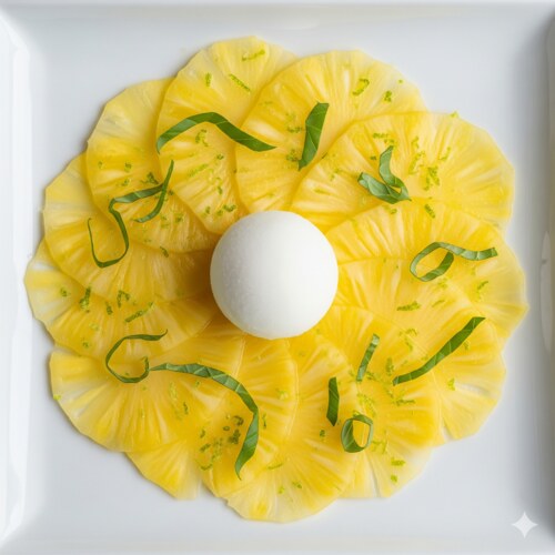 Tranches d'ananas de Moorea disposées en rosace.