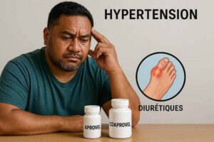Homme prenant un traitement contre l’hypertension et souffrant d’une crise de goutte