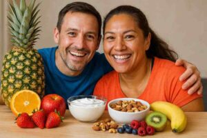 Collation saine pour la goutte avec fruits frais, yaourt grec et noix