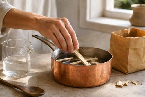 Main déposant des bâtonnets d’aubier de tilleul dans une casserole pour préparer une décoction