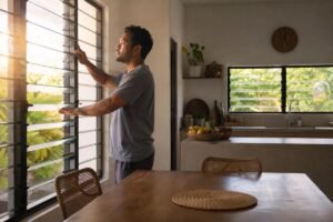 Jeûne intermittent et goutte : homme polynésien dans une cuisine au lever du jour avant le premier repas.