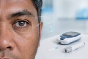 Adulte polynésien portant une lentille connectée expérimentale, avec un lecteur capillaire en arrière-plan