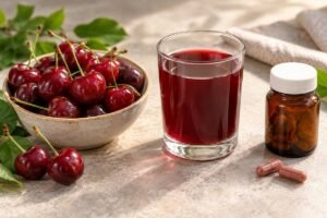 Coupelle de cerises, verre de jus rouge et flacon neutre près de deux gélules sur une table claire.
