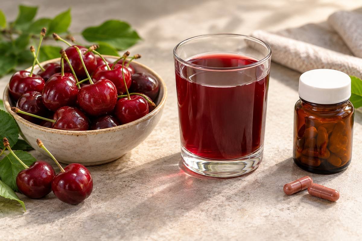Coupelle de cerises, verre de jus rouge et flacon neutre près de deux gélules sur une table claire.