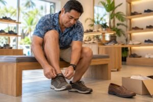 Homme assis dans un magasin qui ajuste une chaussure de marche, pour illustrer le choix de chaussures après une crise de goutte.
