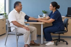 Professionnel de santé qui contrôle la tension d’un patient assis, le bras posé sur un support.