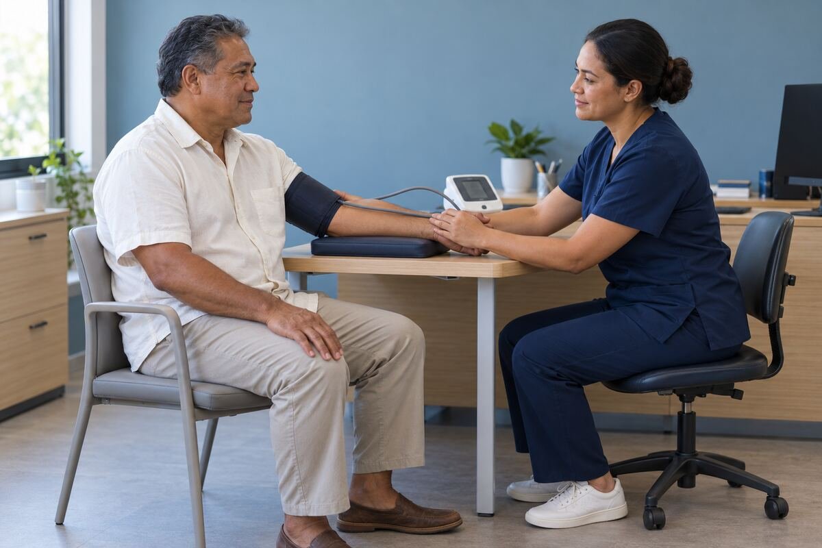 Professionnel de santé qui contrôle la tension d’un patient assis, le bras posé sur un support.