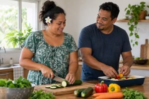 Deux adultes préparent des légumes ensemble pour un article sur la goutte et la culpabilité.