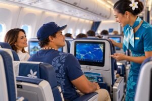 Médicaments contre la goutte en voyage : passager assis côté allée dans la cabine d’un avion, avec une hôtesse souriante et un écran affichant la carte du trajet.
