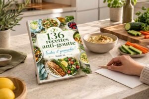 Livre de recettes anti-goutte de Ralph M. posé sur un plan de travail, près d’un bol de houmous et de légumes préparés.
