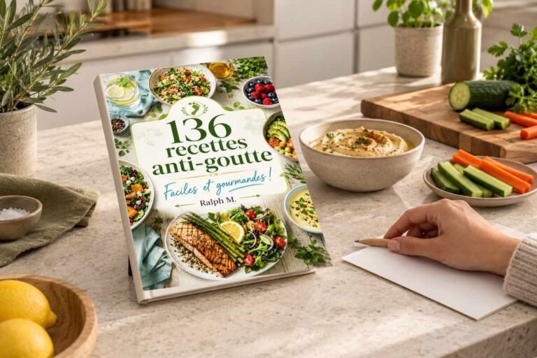 Découvrez la 2e édition de mon livre de recettes anti-goutte 3 Livre de recettes anti-goutte de Ralph M. posé sur un plan de travail, près d’un bol de houmous et de légumes préparés.