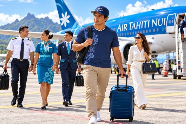 Voyager avec la goutte : médicaments et déplacements 1 Voyager avec la goutte : homme avec valise cabine bleue sur le tarmac, devant un avion Air Tahiti Nui.